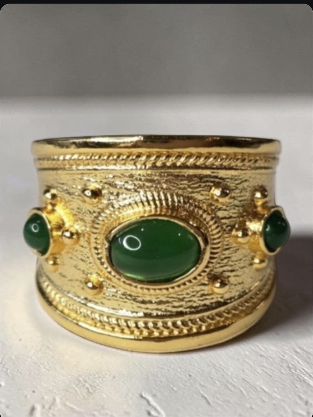 18k Gold Plated Emerald Quartz Byzantine Wide Band Ring